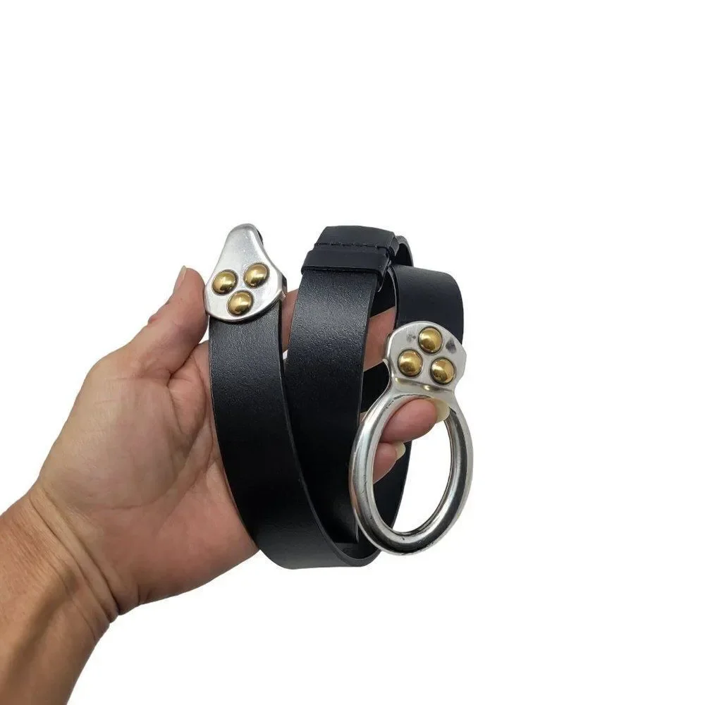 Chico’s Black Leather Off The Hip Adjustable Belt M Silver Gold Hook Buckle Punk